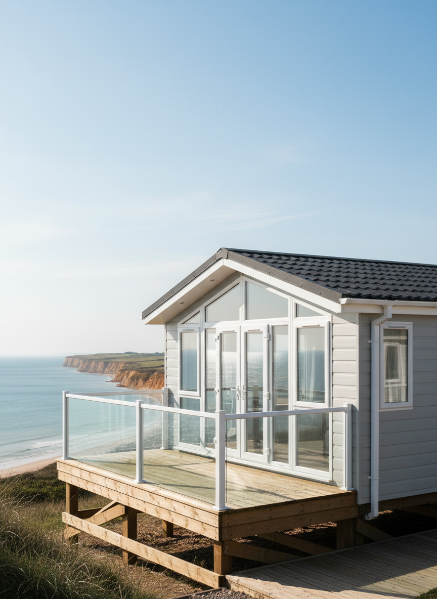 A stylish UK coastal lodge raised slightly on a timber base, finished in light grey cladding with white trim and a spacious glass-fronted balcony facing the sea. In the distance, low cliffs and a sandy beach curve along the shoreline under a clear, pale blue sky. Bright but gentle seaside daylight creates crisp contrasts and clean shadows under the lodge, while reflections shimmer softly in the balcony glass. Photographic realism, three-quarter angle from ground level, with the sea occupying the upper third of the frame, emphasising both the property and its desirable holiday location for prospective lodge owners.