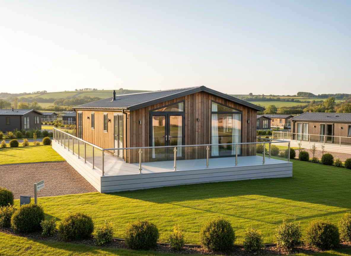A contemporary timber-clad lodge for sale in the UK, with large floor-to-ceiling windows and a spacious wraparound decking made from pale composite boards. The lodge sits on a neatly landscaped plot with trimmed grass, gravel parking bay, and low evergreen shrubs, set within a peaceful holiday park surrounded by gentle rolling hills. Early evening golden-hour sunlight warms the wooden exterior and reflects softly in the glass, casting long, gentle shadows across the deck. Photographic realism, captured from a slightly elevated three-quarter angle to show both the front and side of the lodge, with sharp focus throughout and a calm, professional atmosphere that highlights the property’s kerb appeal and investment potential.