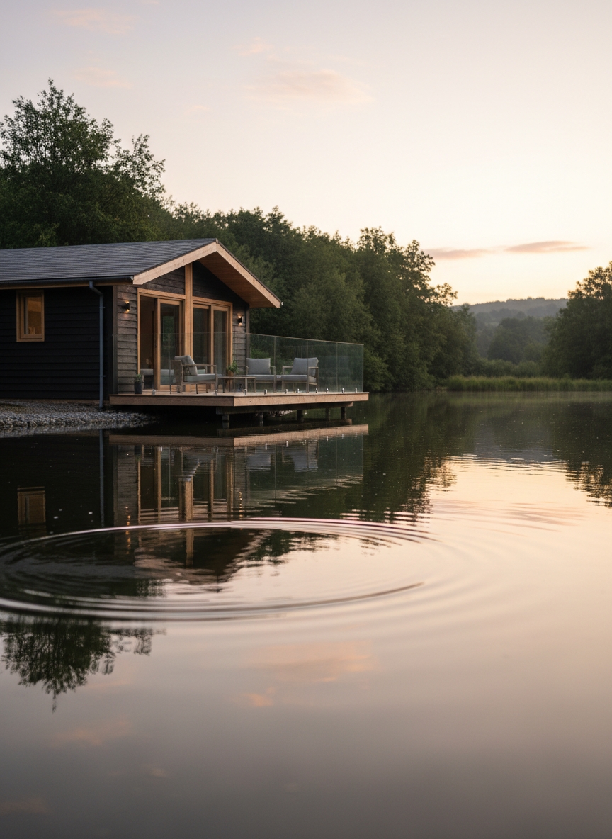 A luxury lakeside lodge in the UK, finished in dark-stained wood with contrasting light trim, positioned just metres from the still surface of a small private lake. The spacious deck features minimalist outdoor furniture and glass balustrades, with gentle ripples on the water reflecting the structure. Soft sunrise light casts a delicate pink and gold glow across the sky and lake, creating a serene, high-end atmosphere. Photographic realism, shot from a low angle near the water’s edge with the lodge offset to one side, emphasising both the property and its tranquil setting, ideal for showcasing premium holiday or buy-to-let lodge opportunities.