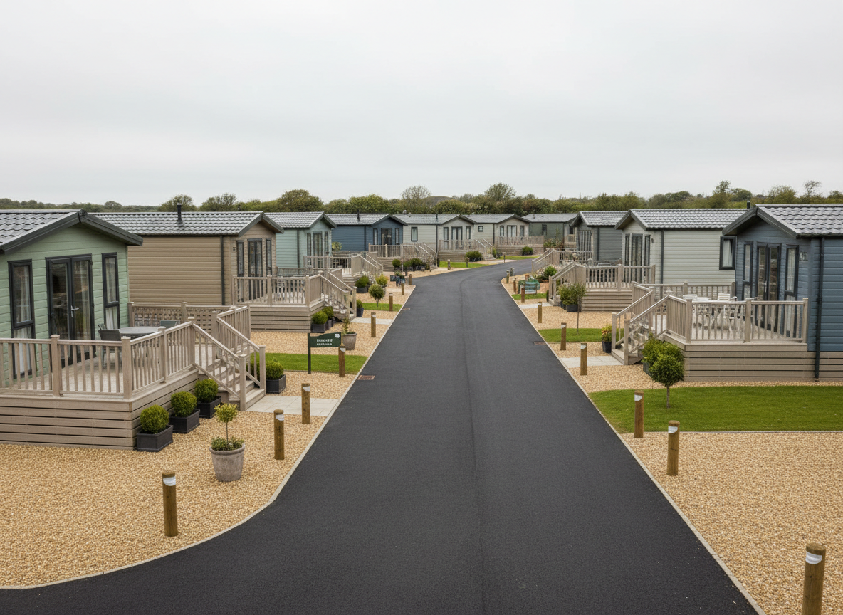 Residential lodges for sale in the UK — a row of well-maintained holiday lodges in a scenic park setting