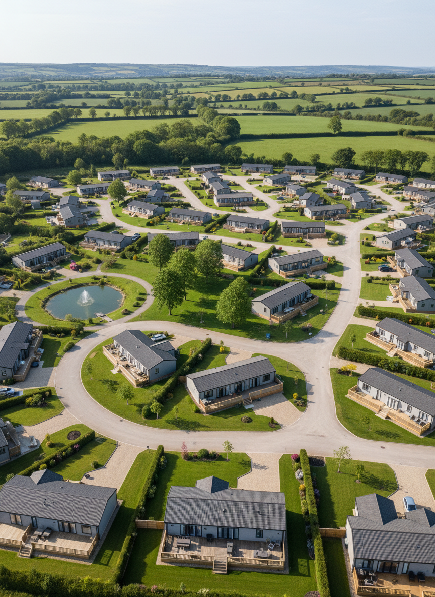 A bird’s-eye view of a UK lodge park development, showing a carefully planned layout of various lodge types separated by curved gravel drives, green communal lawns, and clusters of mature trees. Some lodges border a small ornamental pond, while others back onto open countryside and hedged farmland. Soft late-morning daylight and clear skies provide bright, even illumination across roofs, decking, and landscaping. Photographic realism, high-altitude drone-style composition with strong depth, designed to help potential investors understand the scale, density, and premium setting of the lodge park, while maintaining a calm, professional mood.