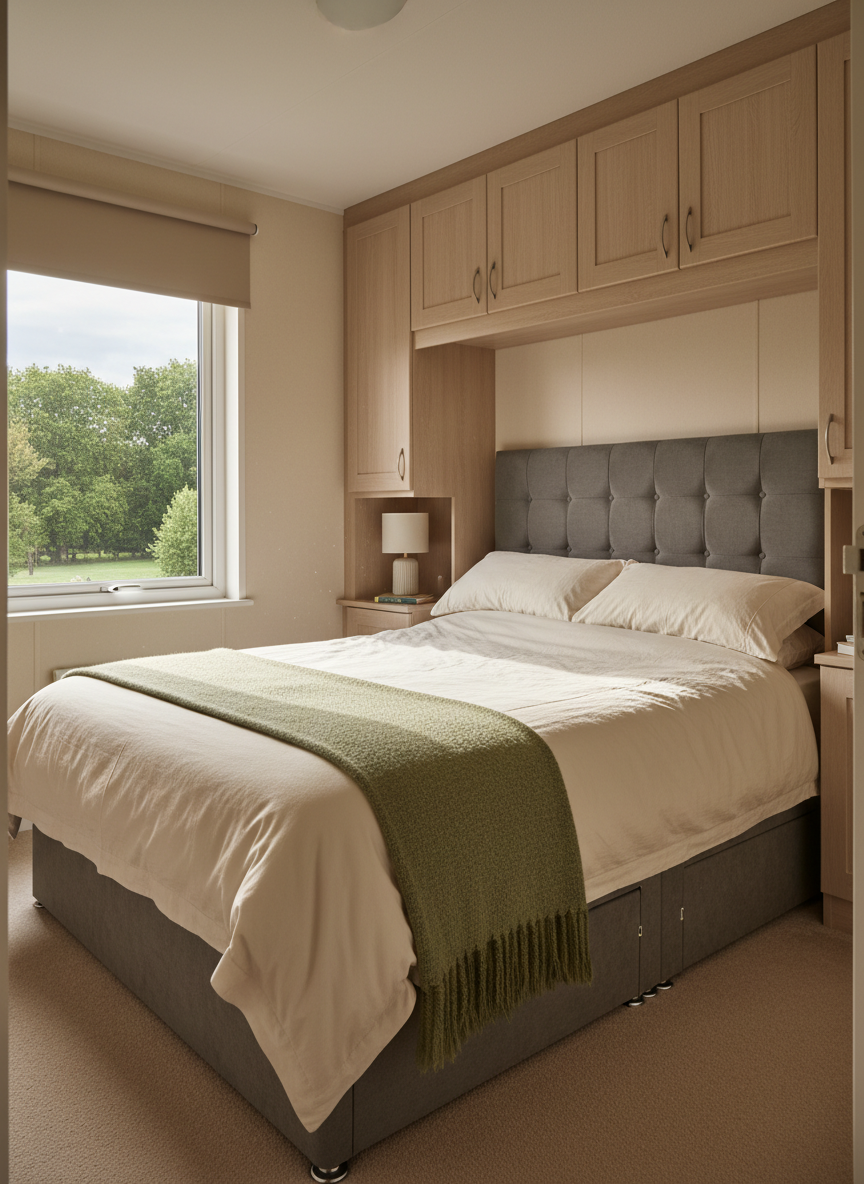 A cosy bedroom inside a UK residential lodge, featuring a full-size bed with a tufted fabric headboard, neutral bedding accented by a single muted-colour throw, and built-in overhead storage in light wood tones. A side window with a simple roller blind looks out onto a green, tree-filled park, allowing soft morning light to spill in and create gentle shadows across the duvet. Photographic realism, captured at eye level from the doorway with moderate depth of field so details of cabinetry and finishes remain sharp, evoking a calm, private, and practical living space ideal for year-round lodge residents.